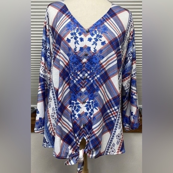 🌟HP FLORAL PLAID FRONT TIE Multicolor New Style & Co Button Up Blouse Colorful - Picture 5 of 16
